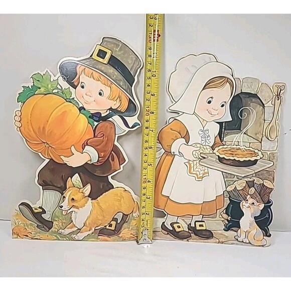 Vintage 1982 Hallmark THANKSGIVING PILGRIMS Girl Boy DieCut Wall Decoration 12" - Picture 8 of 8